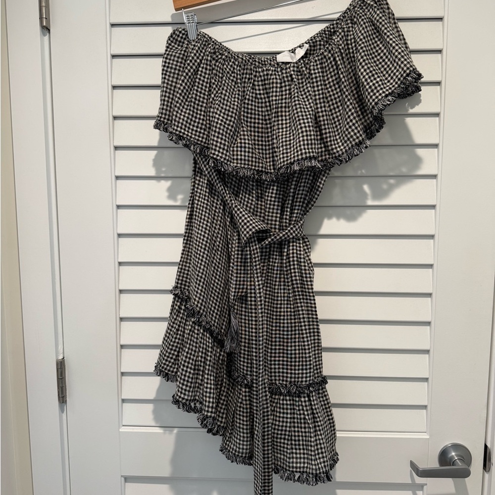 Zimmermann Black and White Asymmetrical Mini Linen Gingham Dress